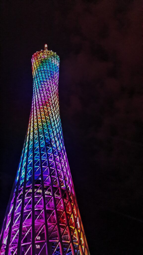 Guangzhou skyline with colorful lights at Canton Tower
