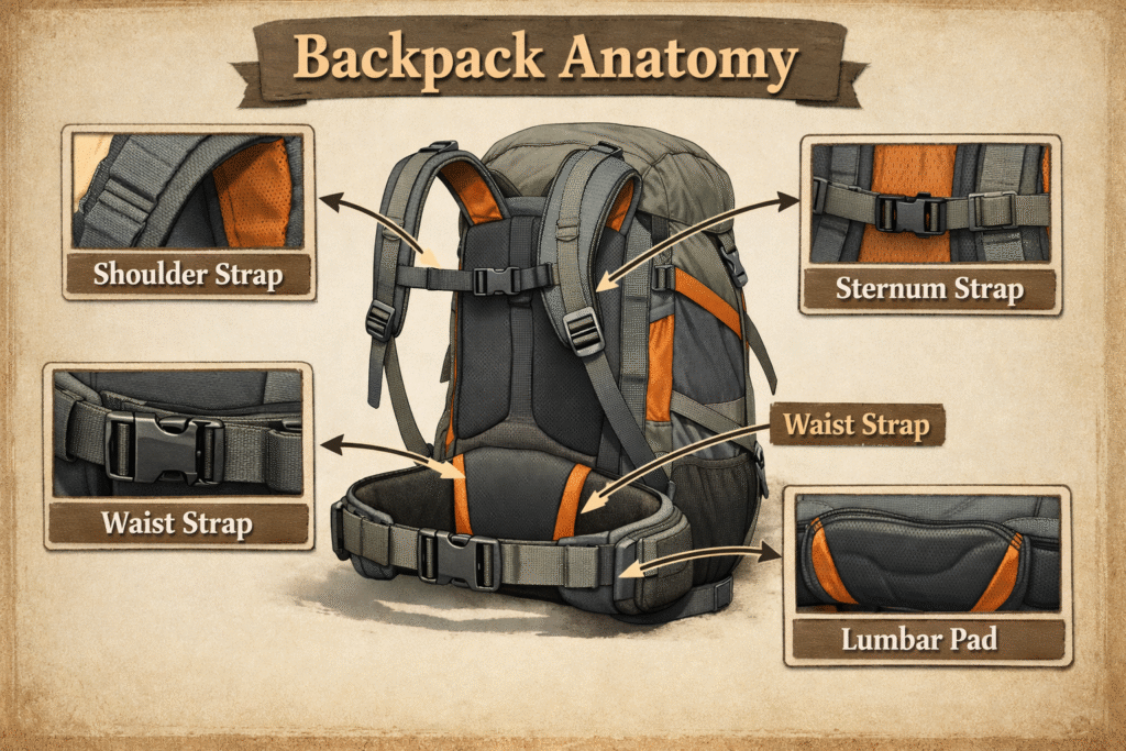 Backpack anatomy showing shoulder straps, sternum strap, waist strap, and lumbar pad with correct positioning