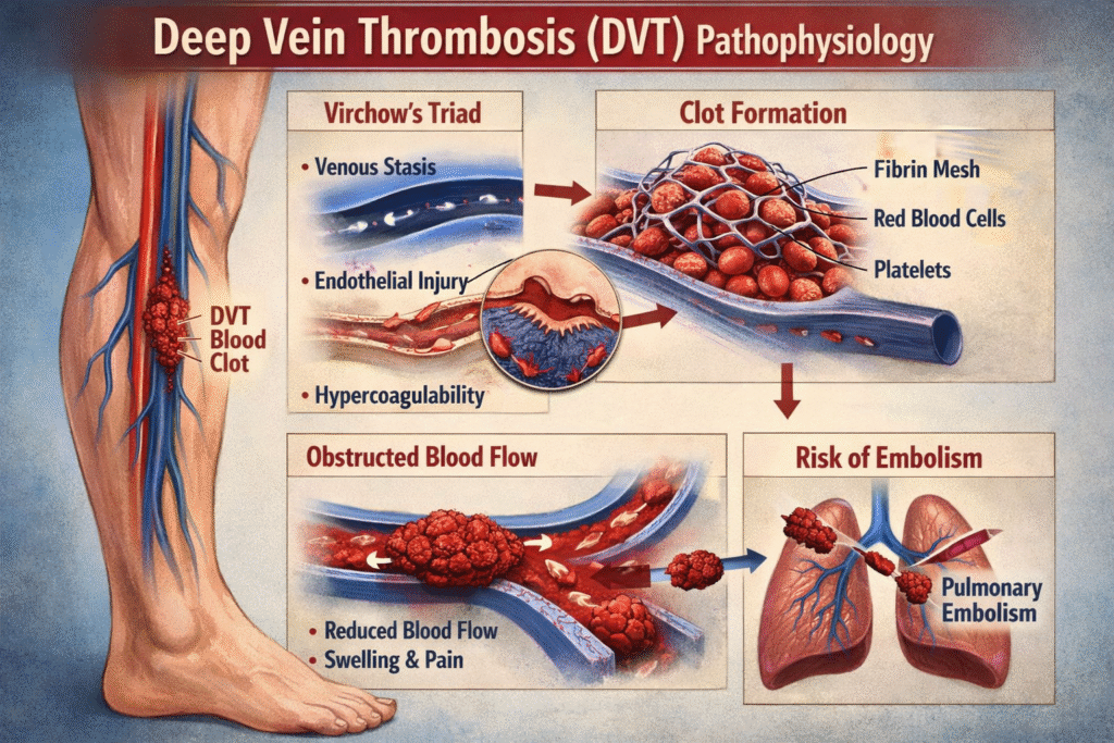 Illustration of blood clot formation in deep leg veins in DVT