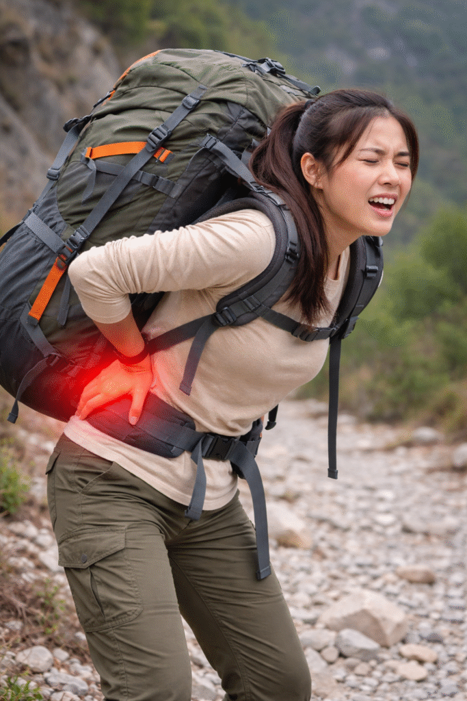 Traveler experiencing back pain due to incorrect backpack use with loose shoulder straps and unfastened waist and sternum straps