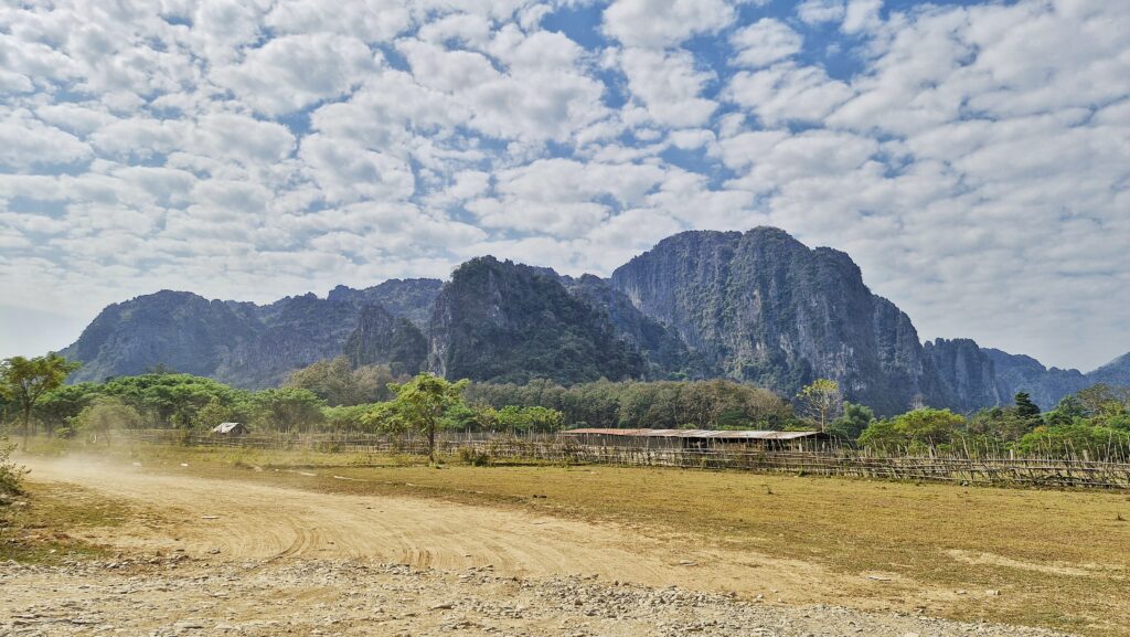 Vang Vieng karst mountains landscape in Laos with dramatic limestone cliffs