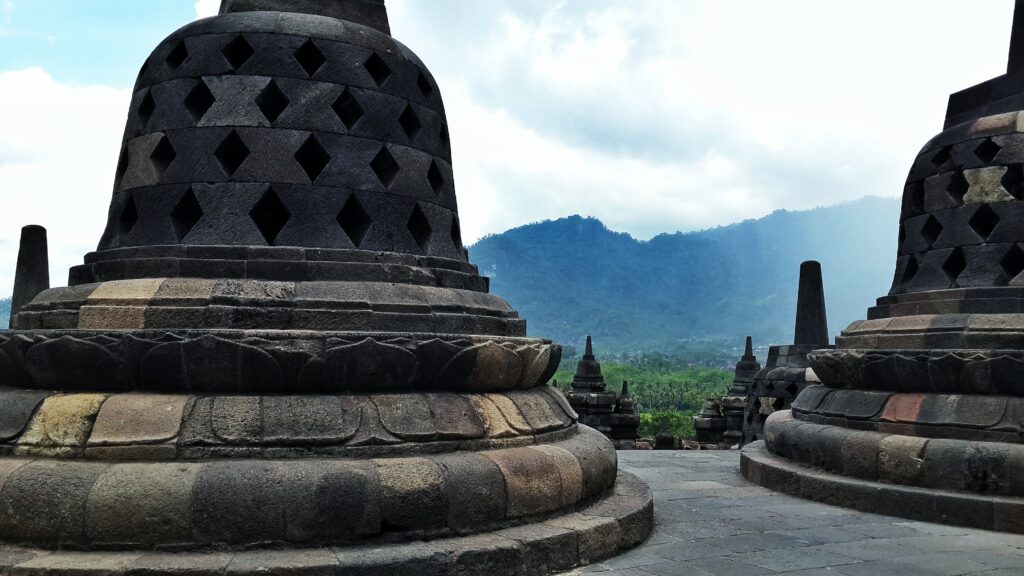 Stone stupas at Borobudur Temple in Central Java