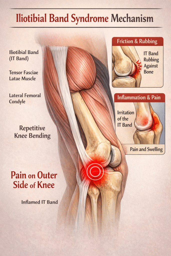 iliotibial band syndrome diagram showing lateral knee pain mechanism