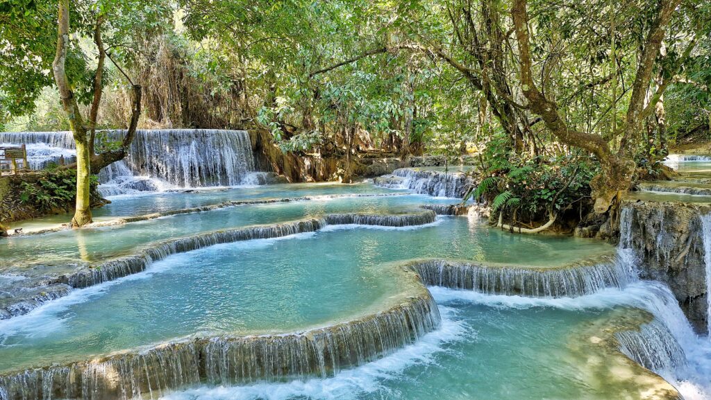 multi tier waterfall at kuang si falls luang prabang