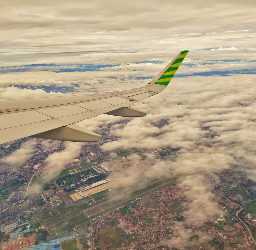 Aerial view of Soekarno-Hatta International Airport in Jakarta from airplane window