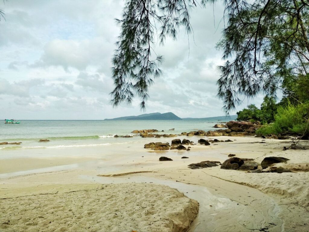 White sand beach on Koh Rong Island, Cambodia with crystal clear turquoise water