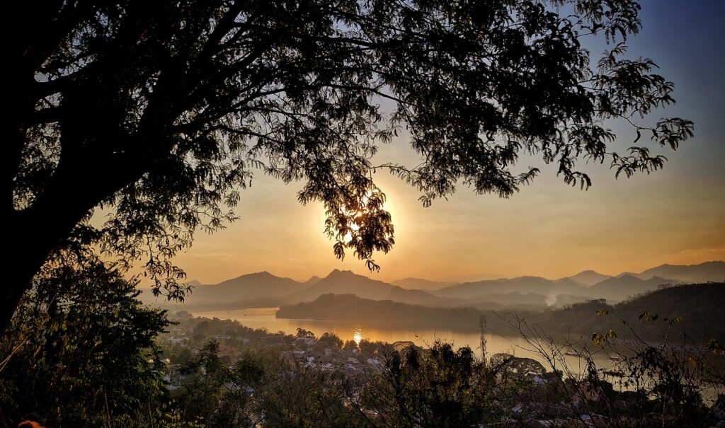 sunset view from Mount Phousi overlooking mekong river