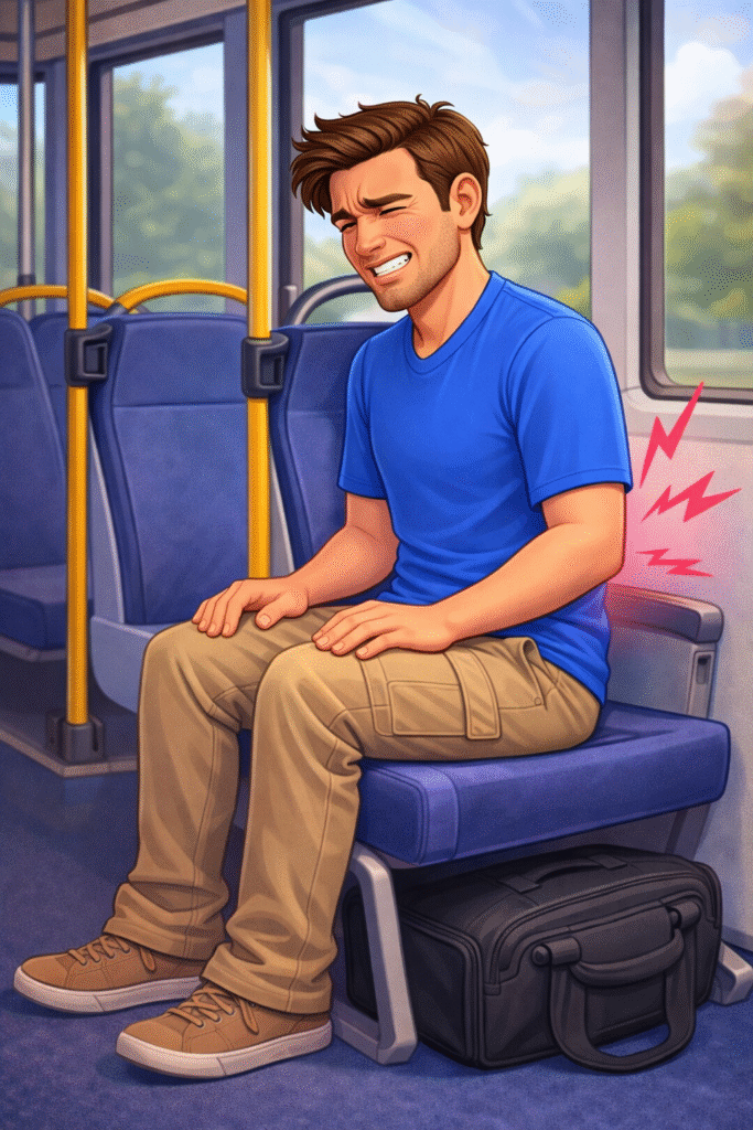 Traveler experiencing low back pain after sitting for a long time