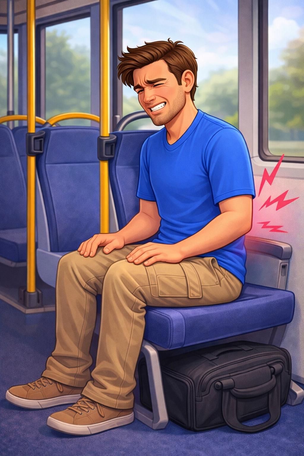 Traveler experiencing low back pain after sitting for a long time